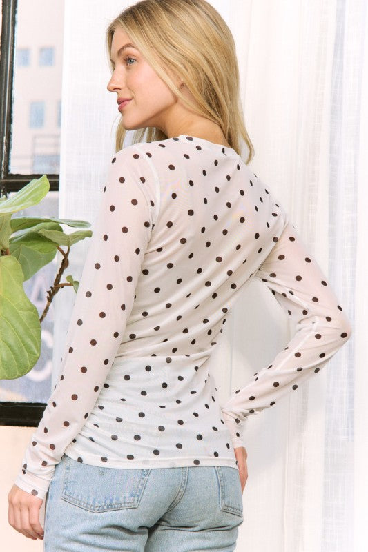 Sheer White Polka Dot Long Sleeve Top