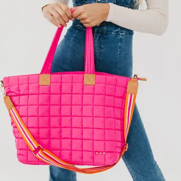 Quilted Tote Overnight  Bag HOT PINK