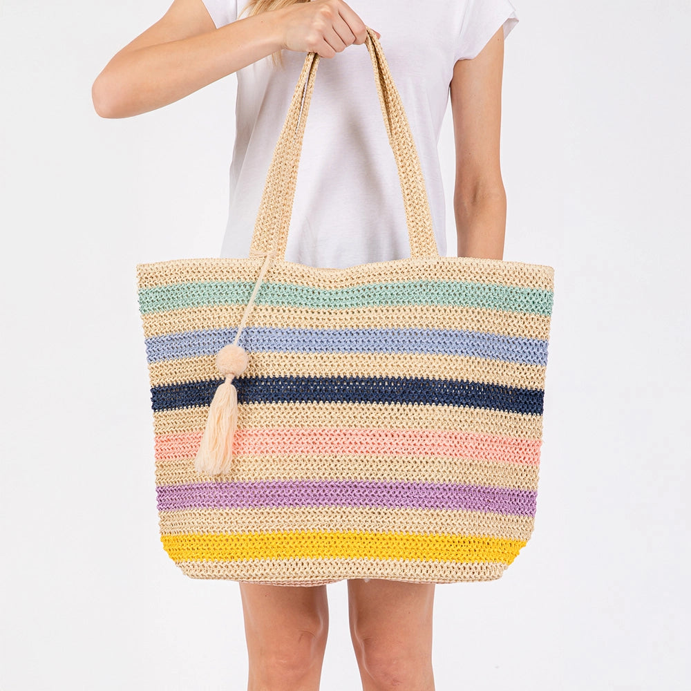 Pom Pom Striped Straw Bag