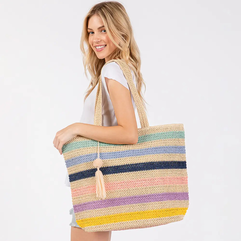 Pom Pom Striped Straw Bag